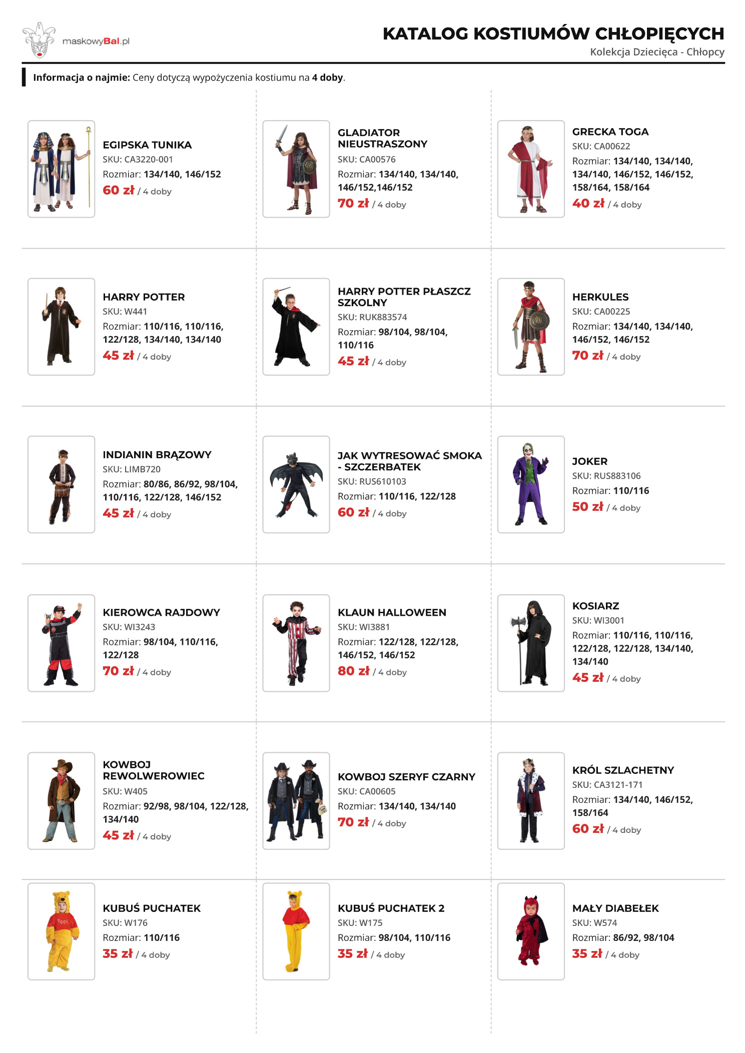 Katalog chłopców wypożyczalni strojów Maskowy Bal